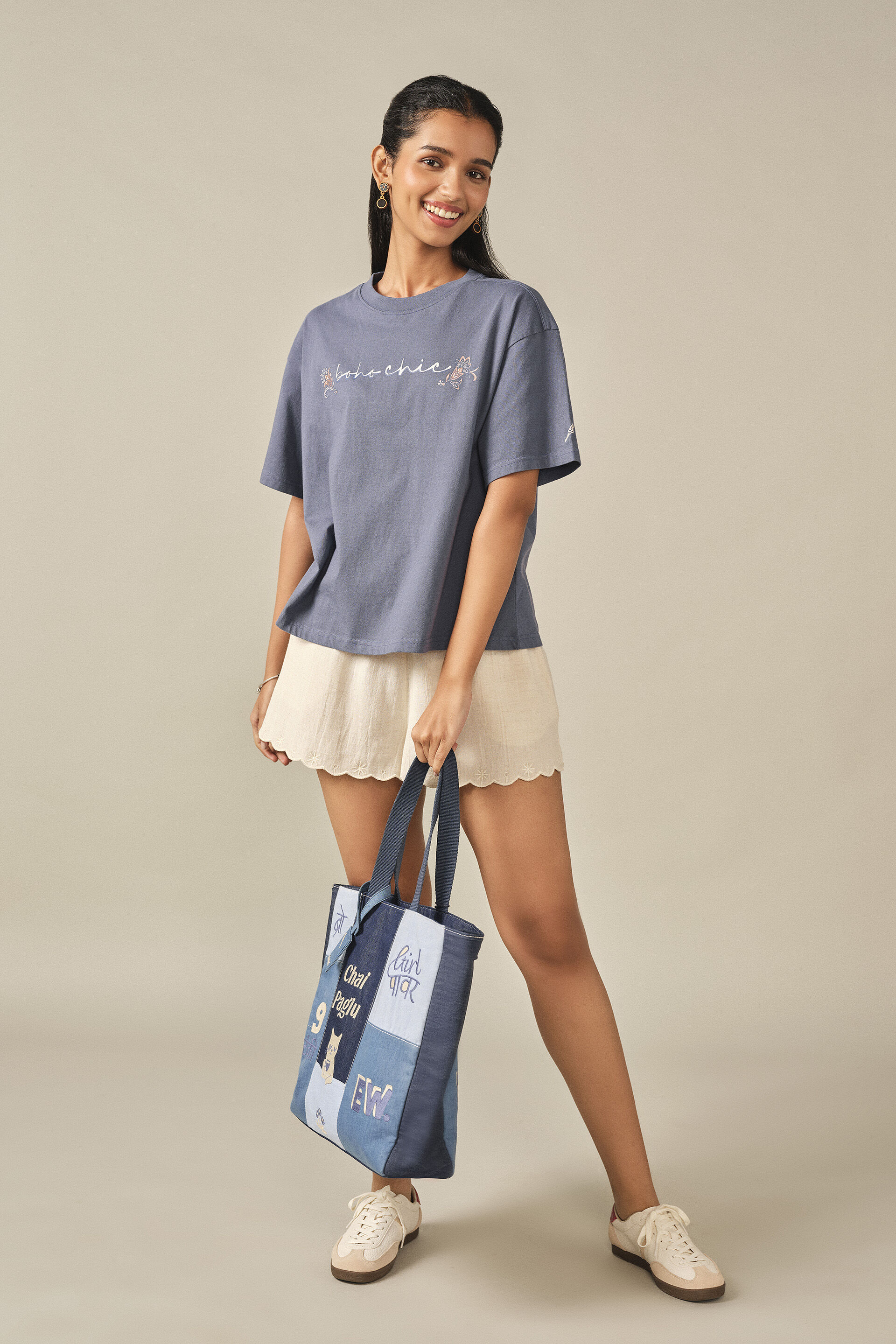 Printed Cotton T-shirt in Blue, Blue, image 3